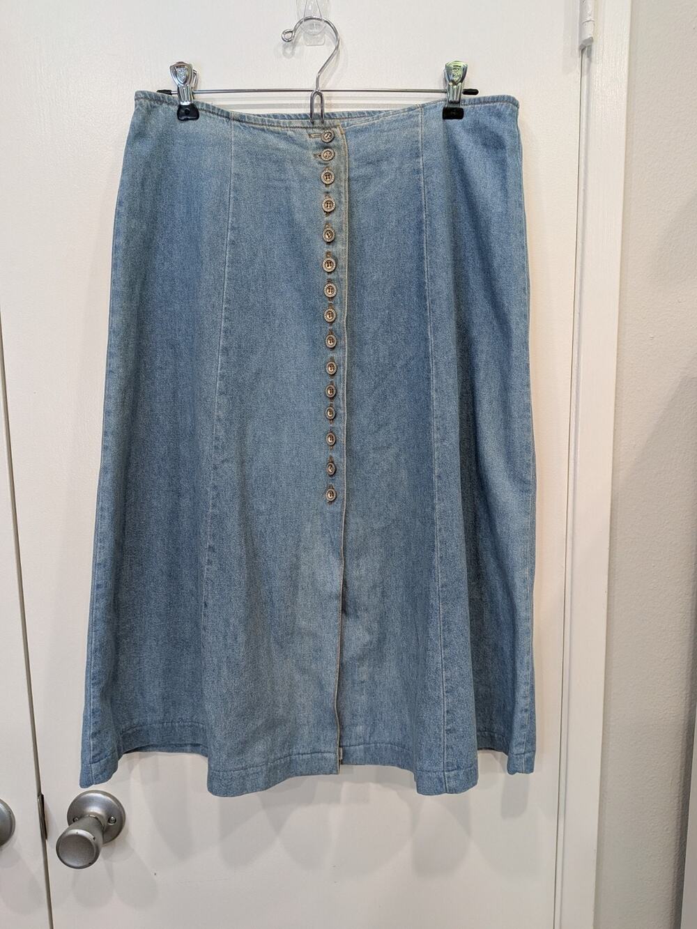 VTG 90s No Excuses Denim Maxi Skirt Button Front High Waist Light Wash Sz 11/12
